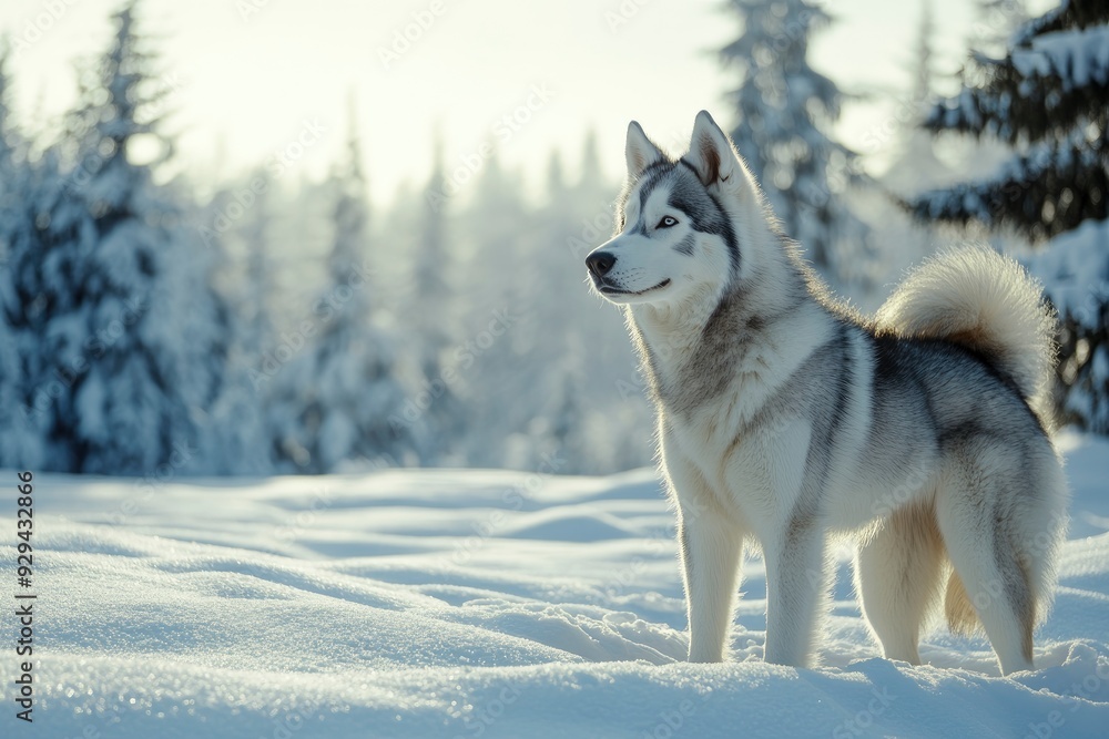 Fototapeta premium A Siberian Husky standing in a snowy landscape, its thick fur contrasting against the white snow, with pine trees in the background. copy space , ai