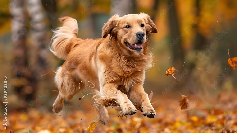 Golden Retriever dog in mid-air with forest leaves gently falling around picture Golden Retriever dog in mid-air with forest leaves gently falling around picture