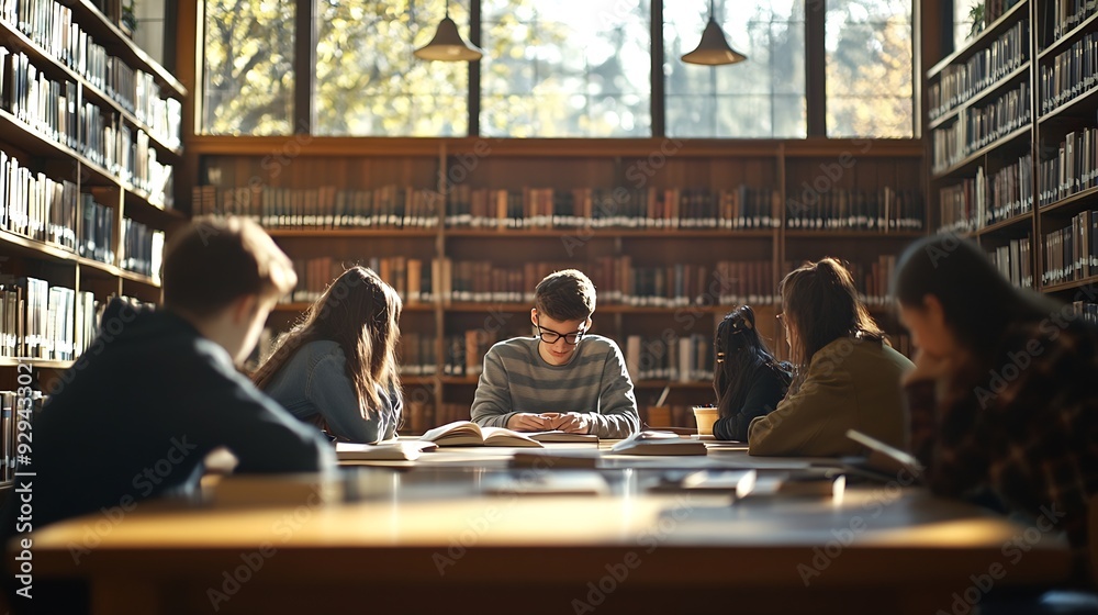 Mentor and college students studying in study room : Generative AI Mentor and college students studying in study room : Generative AI