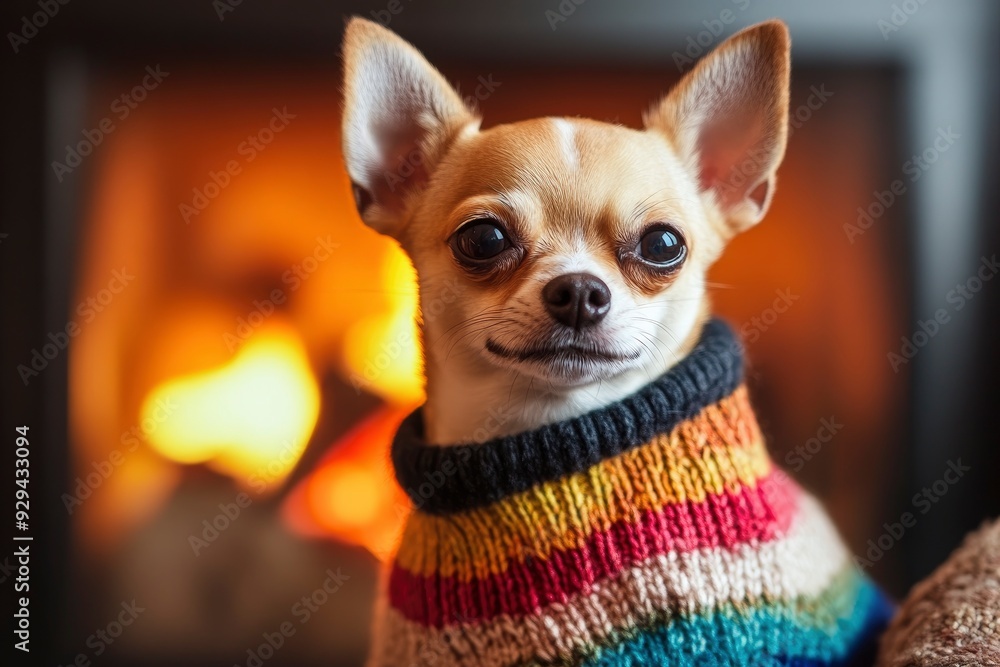 A small Chihuahua wearing a colorful sweater, sitting in a cozy living room with a fireplace subtly glowing in the background , ai A small Chihuahua wearing a colorful sweater, sitting in a cozy living room with a fireplace subtly glowing in the background , ai
