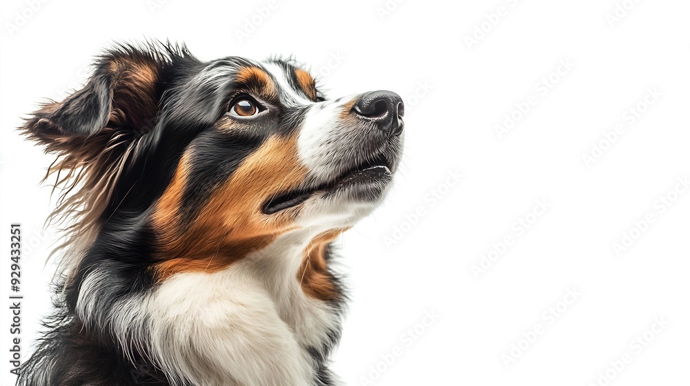 Fototapeta premium Cheerful Sitting American Shepherd panting and looking away isolated on white : Generative AI