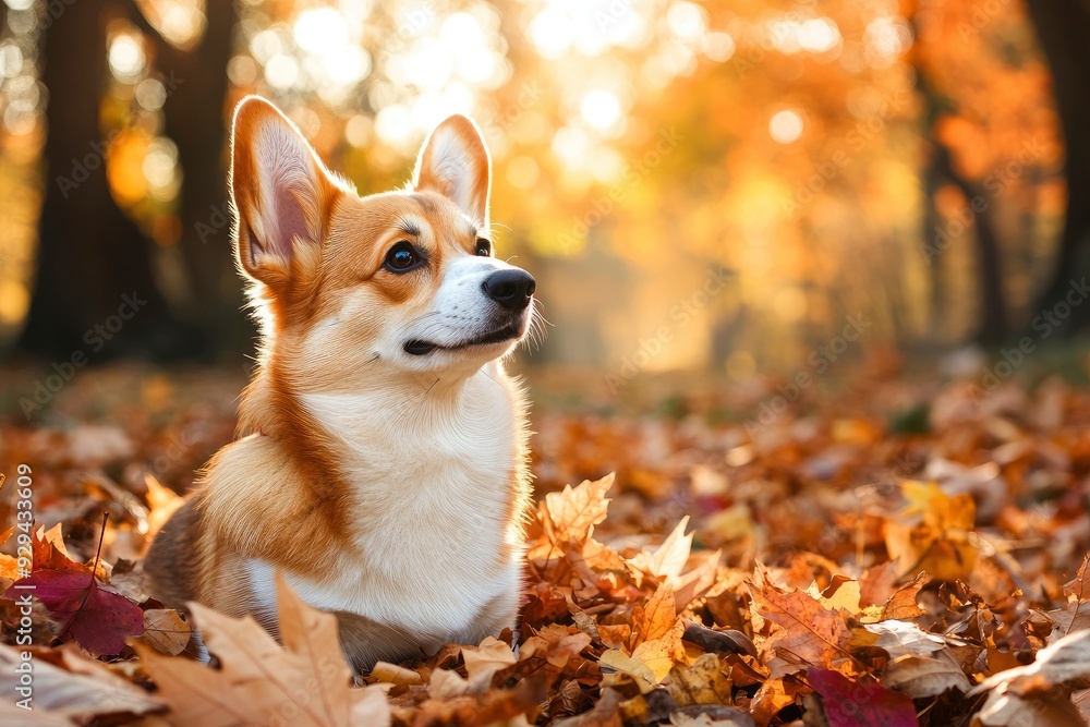 An adorable corgi sitting next to a pile of autumn leaves, with warm fall colors surrounding the scene and sunlight filtering through the trees. copy space, ai An adorable corgi sitting next to a pile of autumn leaves, with warm fall colors surrounding the scene and sunlight filtering through the trees. copy space, ai