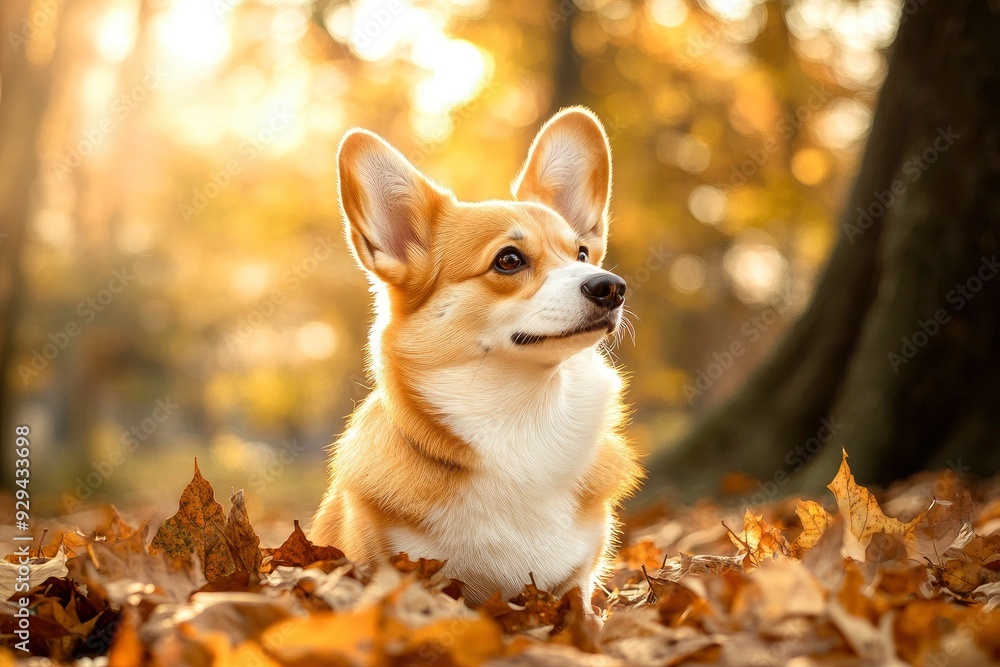 An adorable corgi sitting next to a pile of autumn leaves, with warm fall colors surrounding the scene and sunlight filtering through the trees. copy space, ai An adorable corgi sitting next to a pile of autumn leaves, with warm fall colors surrounding the scene and sunlight filtering through the trees. copy space, ai