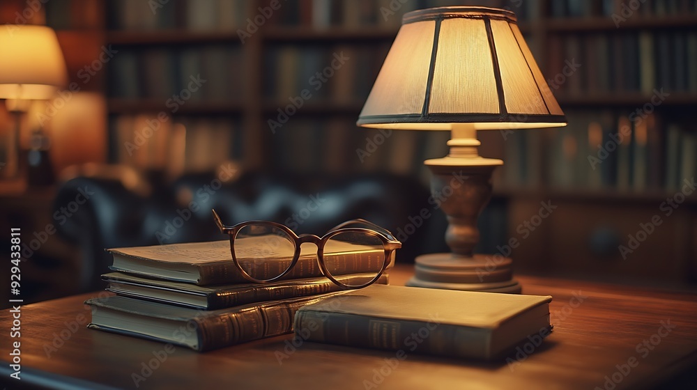 Lamp books and glasses on wooden table in library : Generative AI Lamp books and glasses on wooden table in library : Generative AI