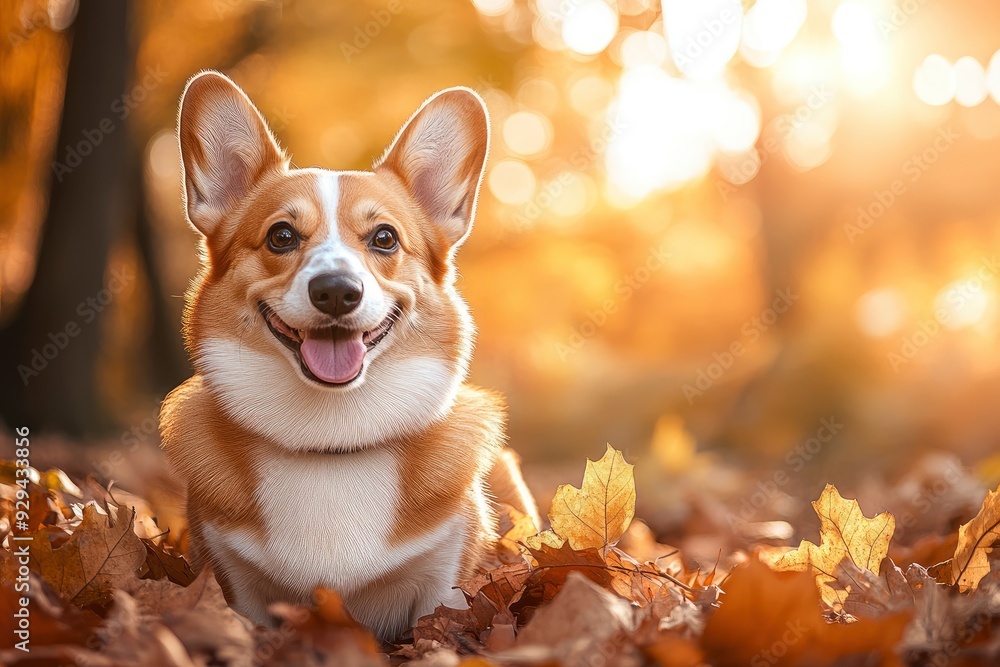 An adorable corgi sitting next to a pile of autumn leaves, with warm fall colors surrounding the scene and sunlight filtering through the trees. copy space, ai An adorable corgi sitting next to a pile of autumn leaves, with warm fall colors surrounding the scene and sunlight filtering through the trees. copy space, ai