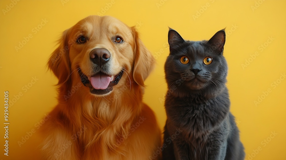 Happy sitting and panting Golden retriever dog and blue Maine Coon cat looking at camera Isolated on yellow : Generative AI Happy sitting and panting Golden retriever dog and blue Maine Coon cat looking at camera Isolated on yellow : Generative AI