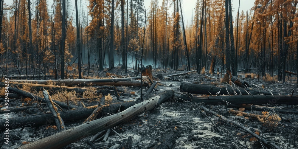 Burnt Boreal Forest After Wildfire Charred Tree Trunks Stumps and Branches Burnt Boreal Forest After Wildfire Charred Tree Trunks Stumps and Branches