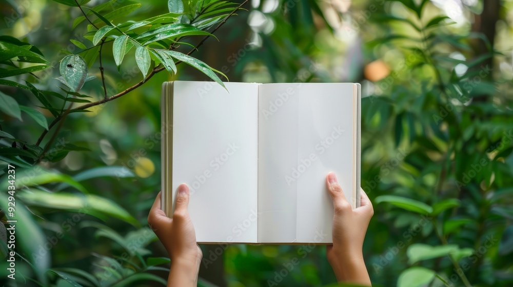 A person holding an open blank book surrounded by lush green foliage. A person holding an open blank book surrounded by lush green foliage.