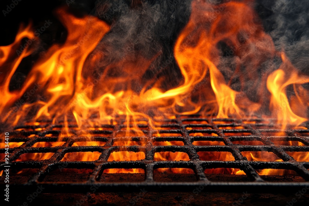 Barbecue Grill With Fire Flames - Empty Fire Grid On Black Background , ai Barbecue Grill With Fire Flames - Empty Fire Grid On Black Background , ai