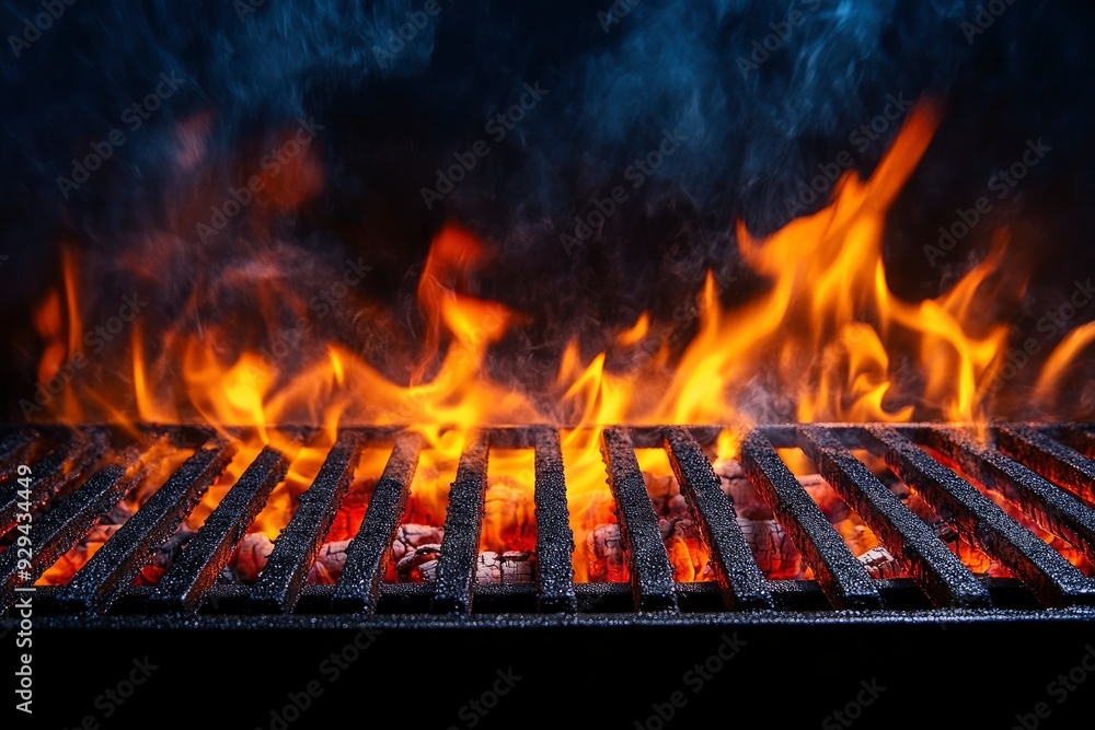 Barbecue Grill With Fire Flames - Empty Fire Grid On Black Background , ai Barbecue Grill With Fire Flames - Empty Fire Grid On Black Background , ai