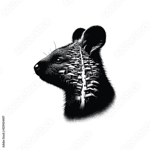 silhouette of Quokka, filled with ghetto street in rough drawing,