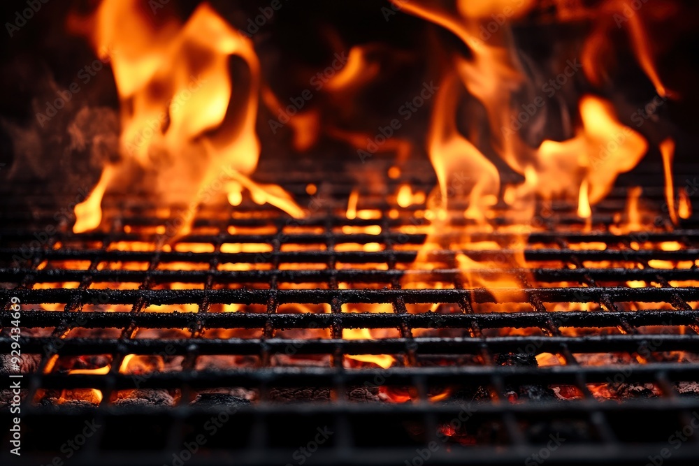 Barbecue Grill With Fire Flames - Empty Fire Grid On Black Background , ai Barbecue Grill With Fire Flames - Empty Fire Grid On Black Background , ai