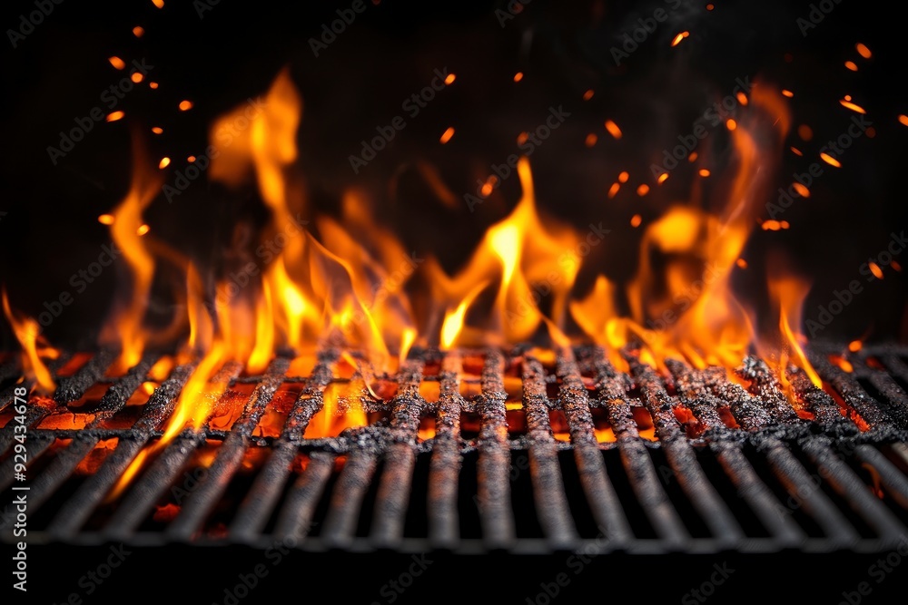 Barbecue Grill With Fire Flames - Empty Fire Grid On Black Background , ai Barbecue Grill With Fire Flames - Empty Fire Grid On Black Background , ai