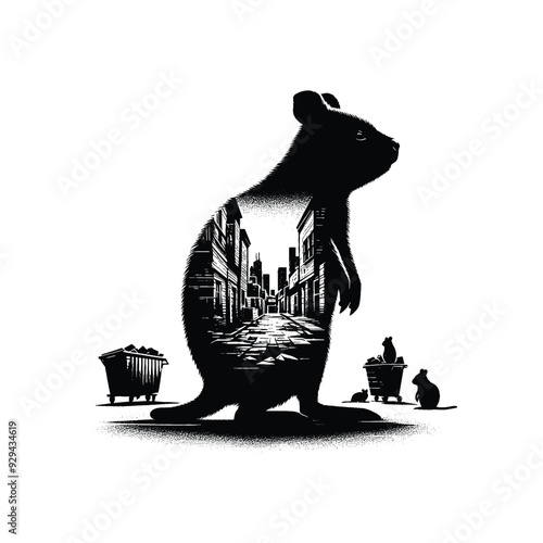 silhouette of Quokka filled with ghetto street in rough drawing,
