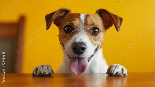 Jack Russell terrier dog eat meal from a table Funny Hungry dog portrait with tongue on Yellow background looking at the empty table : Generative AI