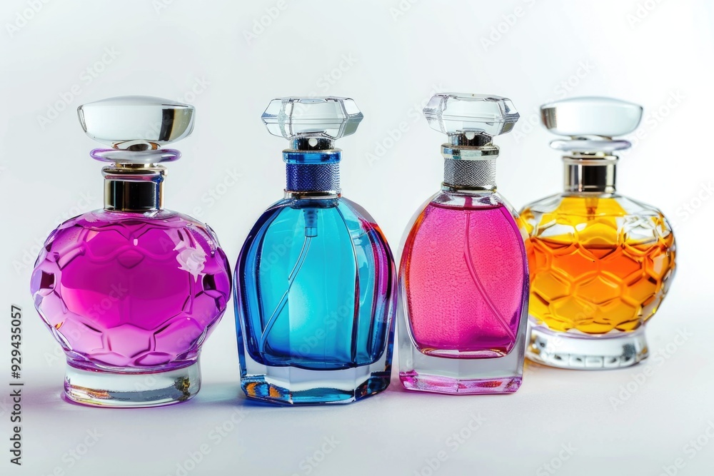 Three colorful perfume bottles on a shelf Three colorful perfume bottles on a shelf