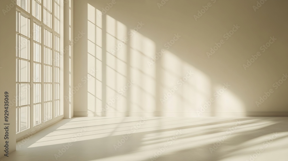 Fototapeta premium Beige studio background for product presentation Shadow of Window and Sunlight on Empty Room White Wall and Floor Summer concert Blurred backdrop : Generative AI