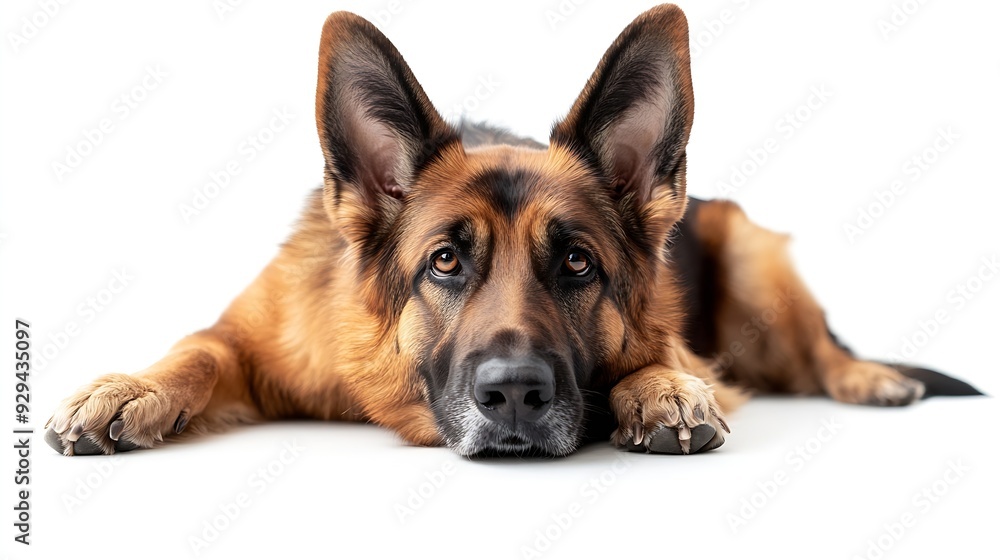 German Shepherd looking street dog laying down facing front with cute head tilt looking straight to camera isolated on a white background : Generative AI German Shepherd looking street dog laying down facing front with cute head tilt looking straight to camera isolated on a white background : Generative AI