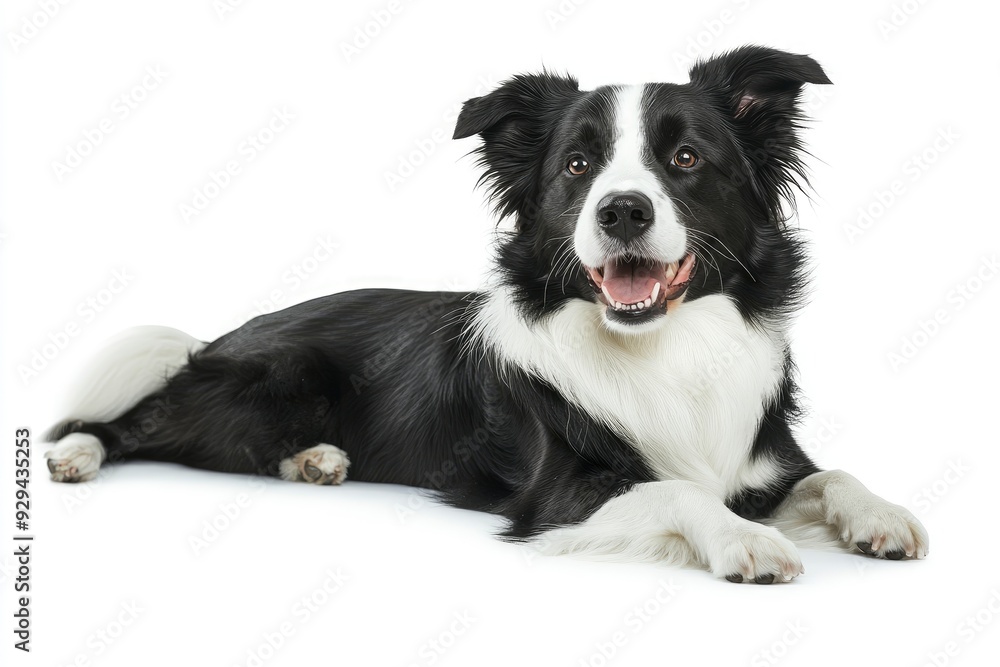 Beautiful black and white Border Collie, laying down side ways, mouth slightly open, looking towards camera, isolated on a white background , ai Beautiful black and white Border Collie, laying down side ways, mouth slightly open, looking towards camera, isolated on a white background , ai