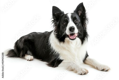 Beautiful black and white Border Collie, laying down side ways, mouth slightly open, looking towards camera, isolated on a white background , ai