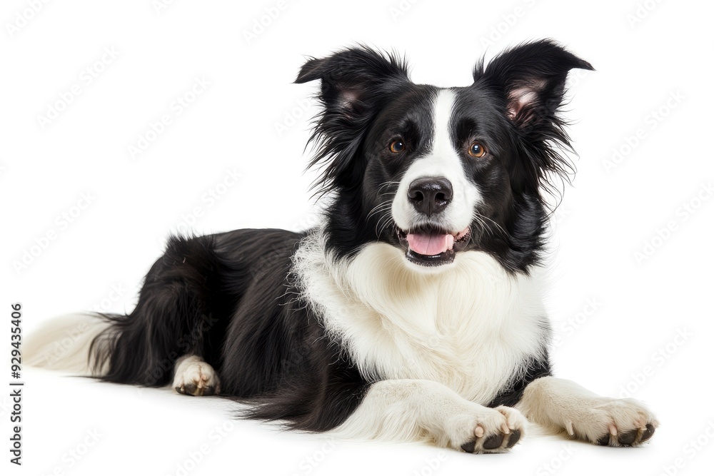 Beautiful black and white Border Collie, laying down side ways, mouth slightly open, looking towards camera, isolated on a white background , ai Beautiful black and white Border Collie, laying down side ways, mouth slightly open, looking towards camera, isolated on a white background , ai