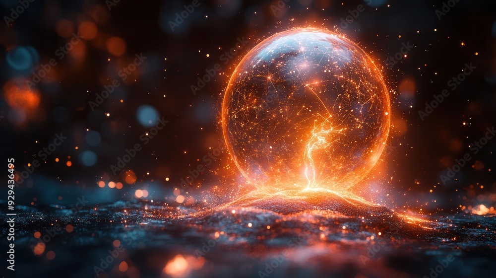 Obraz premium holographic trophy emanating data streams surrounded by swirling particles and glowing energy fields symbolizing achievement in digital realm
