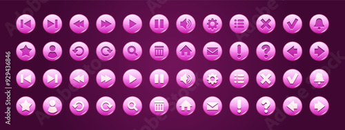 Set of pink glass buttons for game interfaces. Game Ui Icons, clipart. Graphical interface elements for mobile applications and computer games. Stock vector illustration.