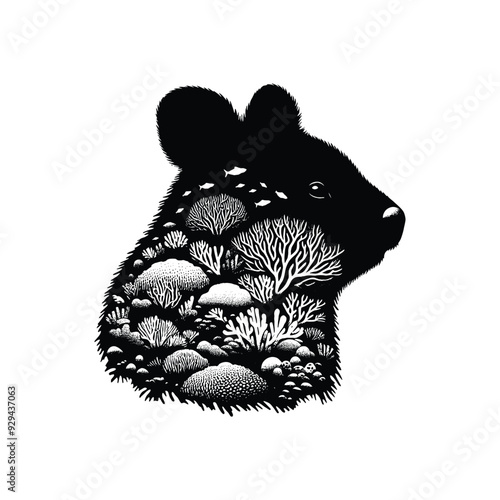 silhouette of Quokka, filled with underwater view with coral in rough drawing,