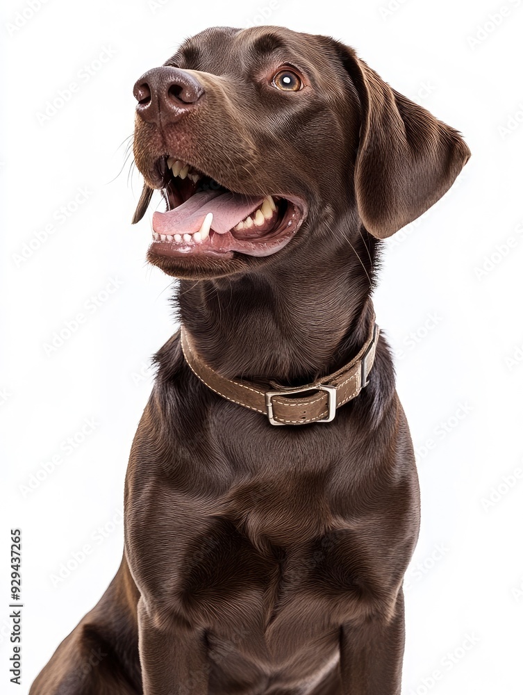 Fototapeta premium Chocolate labrador retriever dog wearing a collar sitting and looking up panting with mouth open , ai