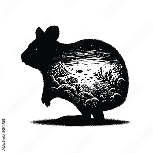 silhouette of Quokka filled with underwater view with coral in rough drawing,