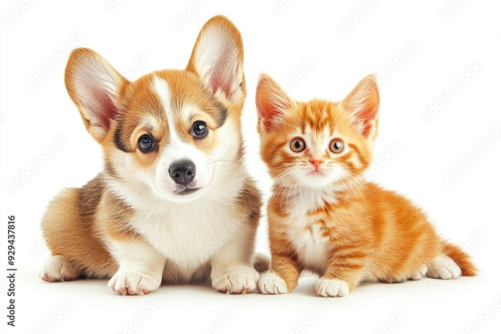 Obraz premium Cute Welsh corgi puppy and a red kitten sit together on a white background. isolated on a white background , ai