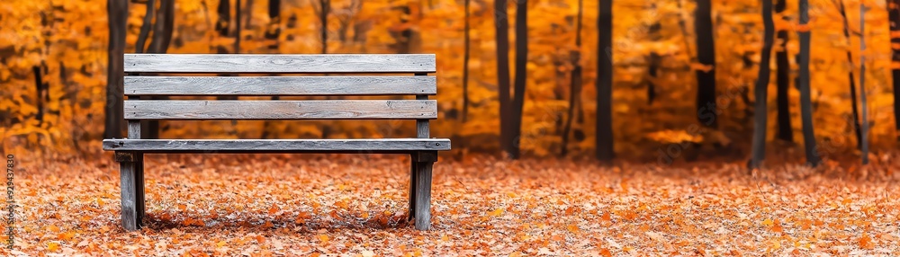 Fototapeta premium A serene wooden bench surrounded by vibrant fall foliage, perfect for relaxation and enjoying nature's beauty.
