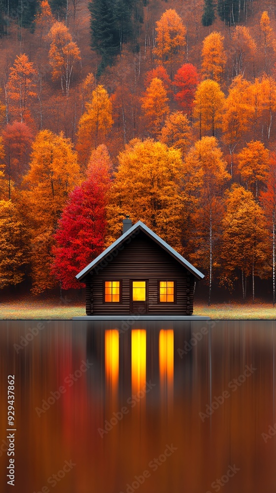 A serene wooden house reflected in calm waters, surrounded by vibrant autumn foliage in stunning shades of orange and red. A serene wooden house reflected in calm waters, surrounded by vibrant autumn foliage in stunning shades of orange and red.