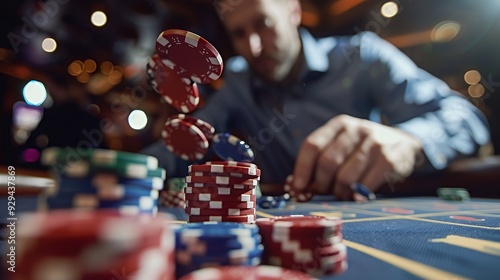 A person playing poker with colorful chips at a casino table.