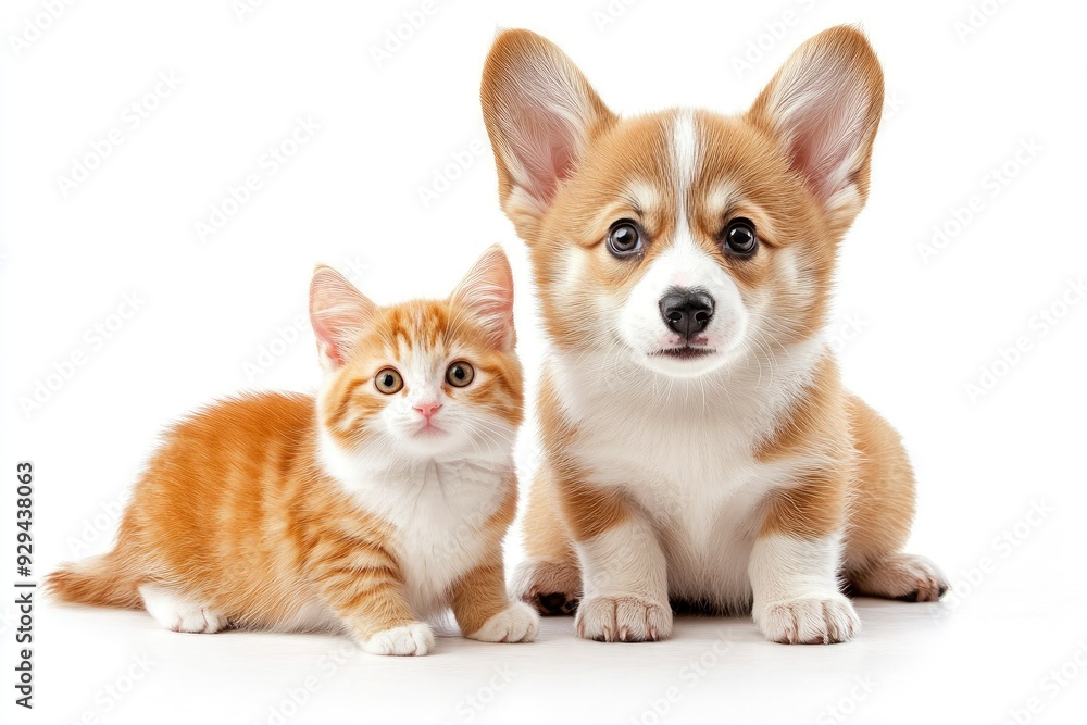 Cute Welsh corgi puppy and a red kitten sit together on a white background. isolated on a white background , ai Cute Welsh corgi puppy and a red kitten sit together on a white background. isolated on a white background , ai