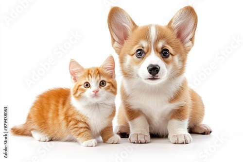 Cute Welsh corgi puppy and a red kitten sit together on a white background. isolated on a white background , ai