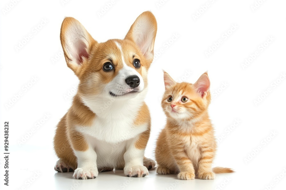 Cute Welsh corgi puppy and a red kitten sit together on a white background. isolated on a white background , ai Cute Welsh corgi puppy and a red kitten sit together on a white background. isolated on a white background , ai