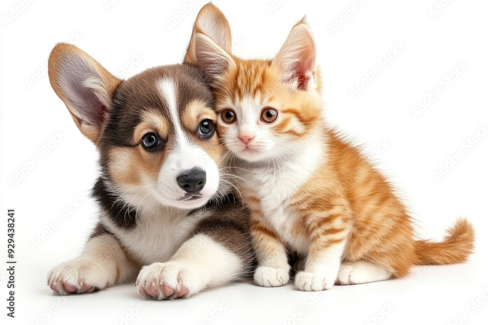Obraz premium Cute Welsh corgi puppy and a red kitten sit together on a white background. isolated on a white background , ai
