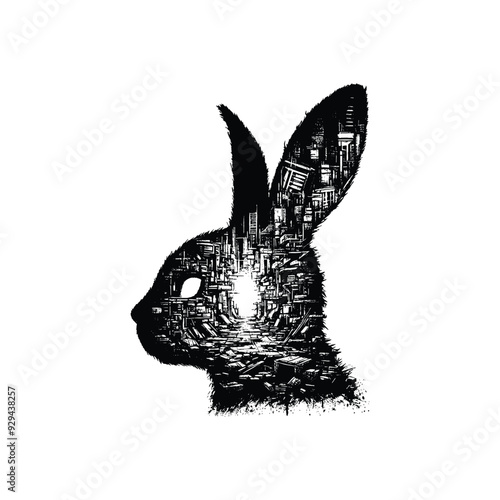 silhouette of Rabbit, filled with destroyed futuristic dystopia environment in rough drawing,
