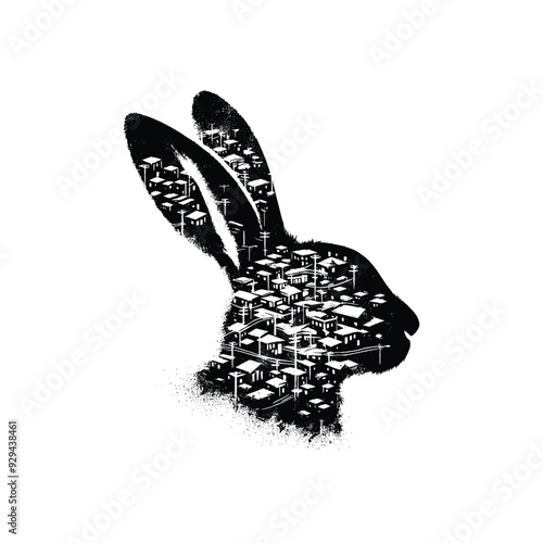 silhouette of Rabbit, filled with ghetto street in rough drawing,