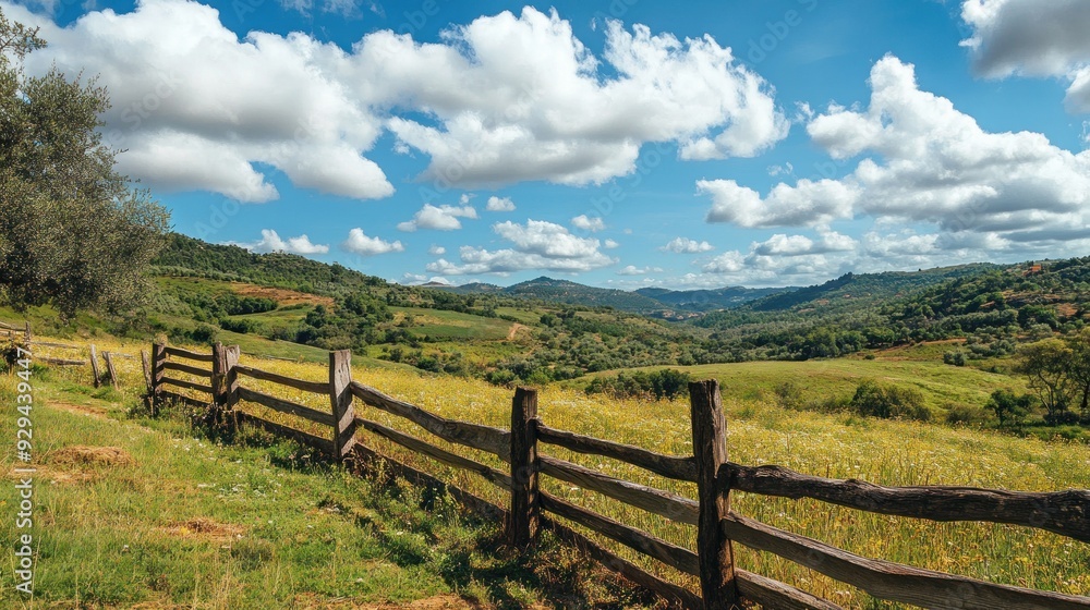 Countryside Landscape with Rolling Hills and Wooden Fence Countryside Landscape with Rolling Hills and Wooden Fence