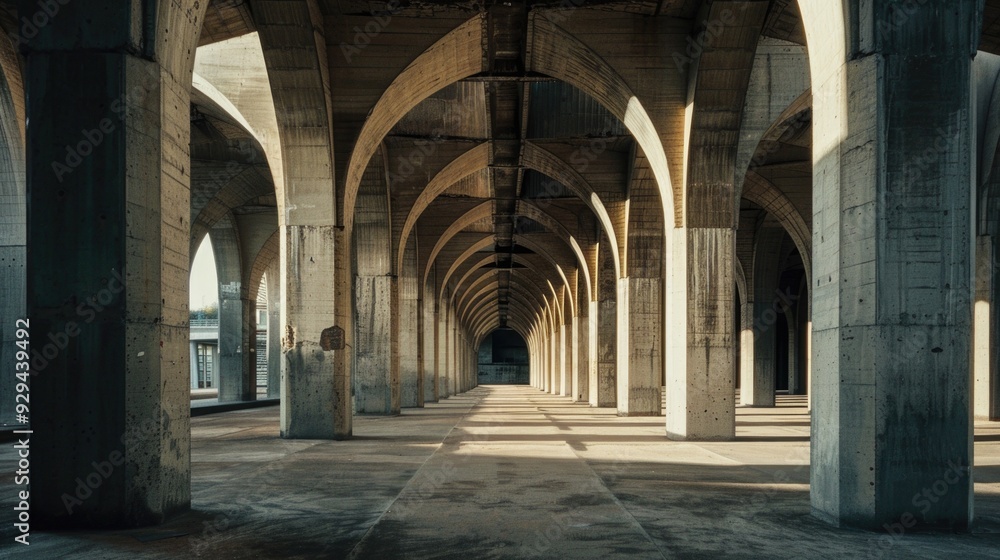 A train passes under a bridge with columns, a common scene in many places A train passes under a bridge with columns, a common scene in many places
