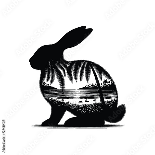silhouette of Rabbit filled with ocean beach view with palm tree in rough drawing,