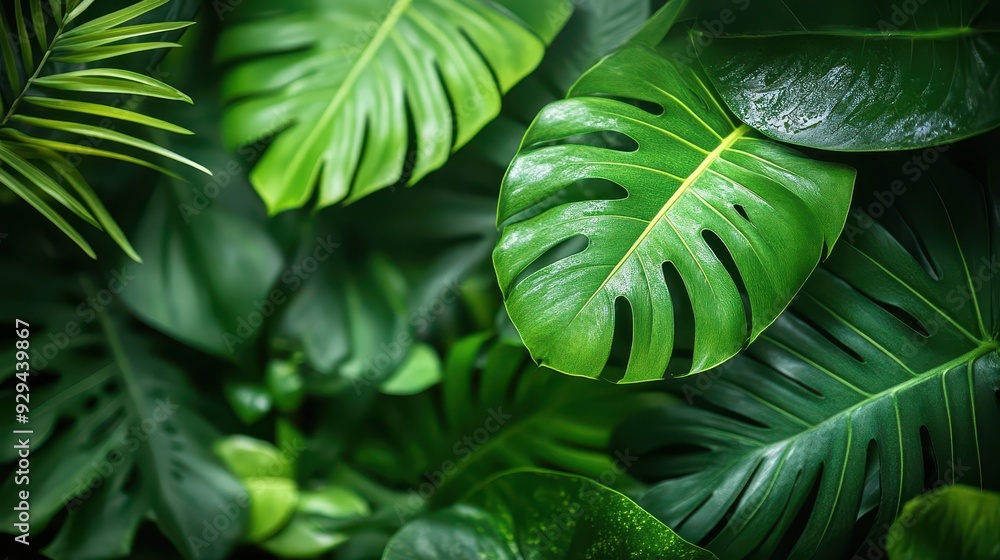 Fototapeta premium lush tropical leaves creating natural frame vibrant greens with subtle color variations soft focus background suggesting depth and humidity