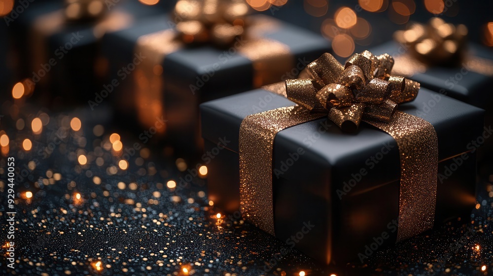 luxe gift arrangement on reflective black surface matte black boxes shimmering gold ribbons sprinkle of gold confetti creating festive sparkle luxe gift arrangement on reflective black surface matte black boxes shimmering gold ribbons sprinkle of gold confetti creating festive sparkle