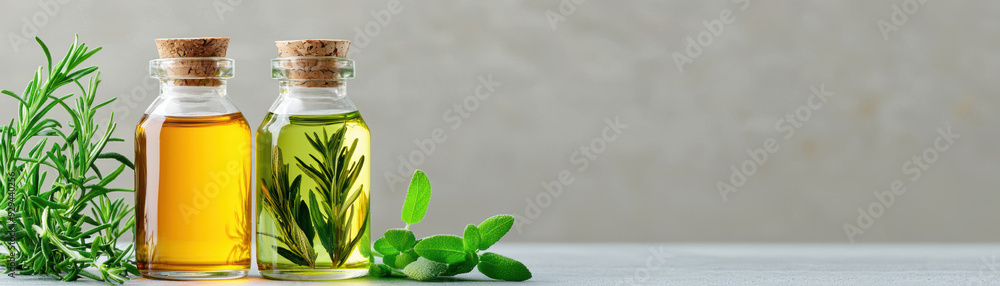 Organic herbinfused oils, bottles with herbs inside with copy space Organic herbinfused oils, bottles with herbs inside with copy space