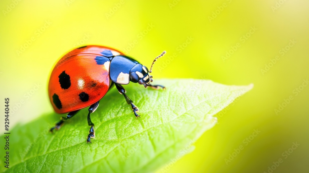 Fototapeta premium Ladybug crawling on a green leaf, representing the natural pest control provided by beneficial insects