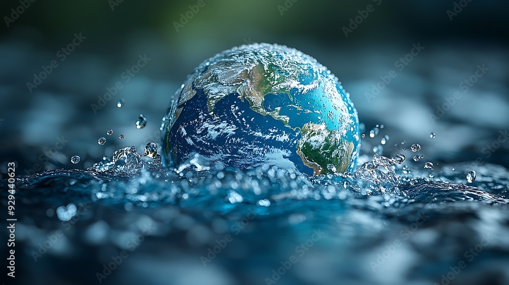 Water droplets form the shape of continents on a globe, copy sapce, emphasizing the interconnectedness of water resources worldwide, Global water awareness concept design Water droplets form the shape of continents on a globe, copy sapce, emphasizing the interconnectedness of water resources worldwide, Global water awareness concept design