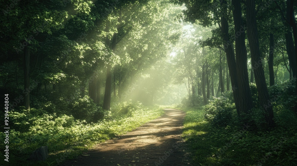 Obraz premium Long, empty trail in a dense forest, with sunlight filtering through the canopy.