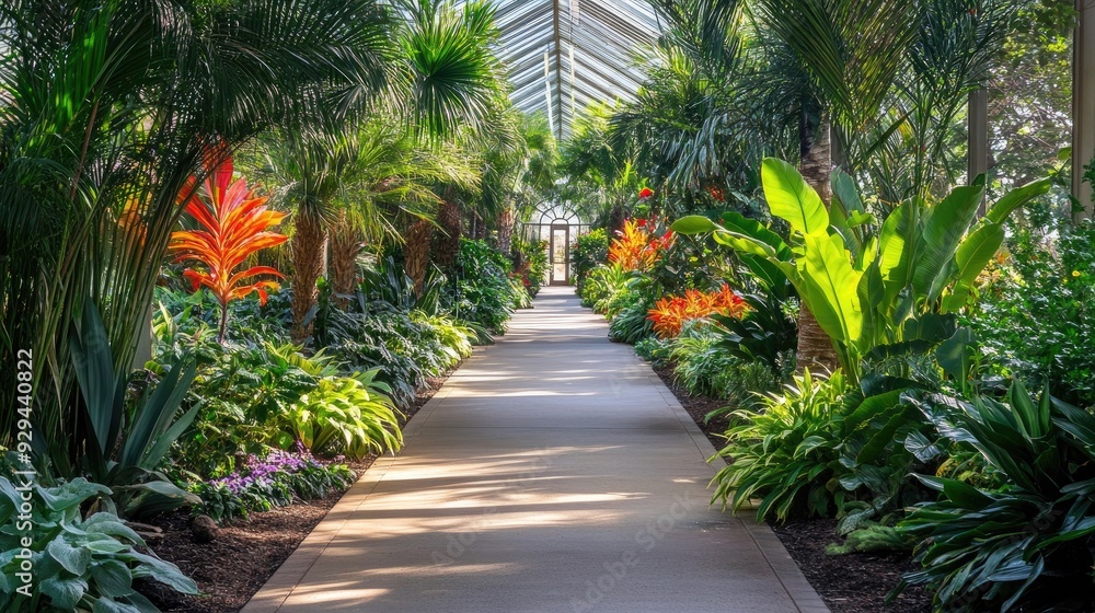 Obraz premium Long, empty walkway through a vibrant botanical garden, showcasing plant varieties